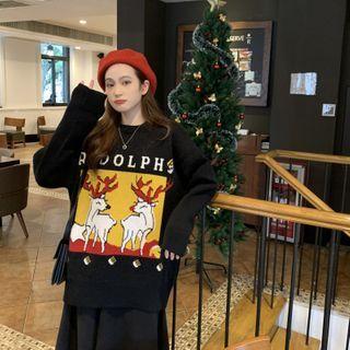 Reindeer Print Sweater / Plain Midi A-line Skirt