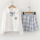 Cartoon Embroidered Shirt / Plaid A-line Skirt / Set