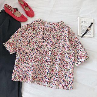 Floral Crewneck Single-breasted Short-sleeve Blouse As Figure - One Size