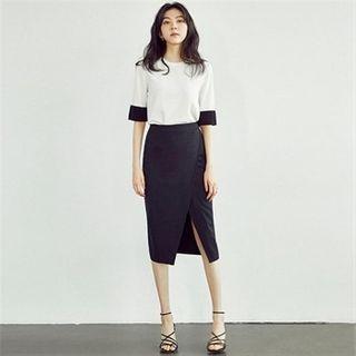 Contrast-trim Elbow-sleeve Knit Top Ivory - One Size
