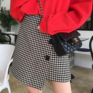 Houndstooth Buttoned Asymmetric A-line Mini Skirt