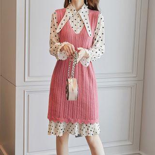 Set: Long-sleeve Midi Dotted Pleated Dress + Sleeveless Knit Dress