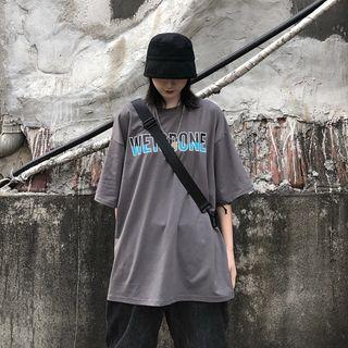 Short-sleeve Lettering Loose-fit T-shirt Dark Gray - One Size