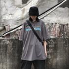Short-sleeve Lettering Loose-fit T-shirt Dark Gray - One Size