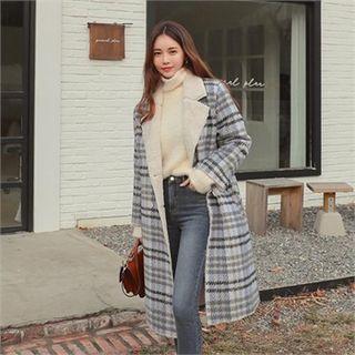 Fleece-lined Plaid Coat Sky Blue - One Size