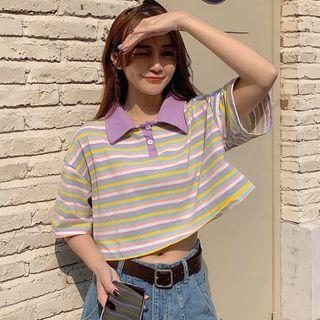 Short-sleeve Striped Crop Polo Shirt