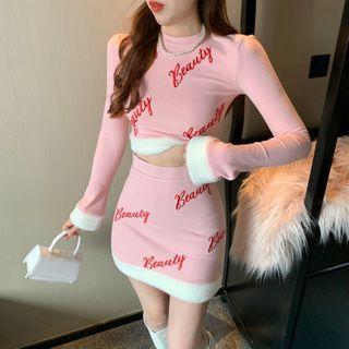 Long-sleeve Lettering Fluffy Trim Crop Top / Mini Skirt