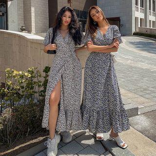 Surplice-wrap Frilled-hem Maxi Leopard Dress