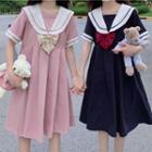 Short-sleeve Bow Accent Collared A-line Dress / Long-sleeve Dress