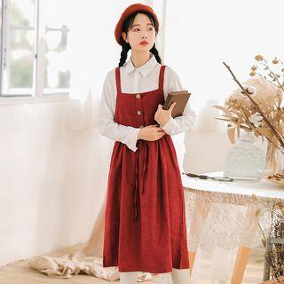 Set: Corduroy Sleeveless Tie-waist Dress + Plain Shirt