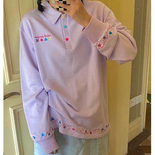 Flower Embroidered Polo Sweatshirt