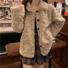 Lapel Plain Loose Fit Single Breasted Furry Jacket Almond - One Size