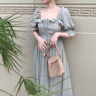 Puff-sleeve Ruffle Trim Tie Neck Dress Grayish Green - One Size