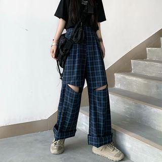 Plaid Distressed Wide-leg Pants