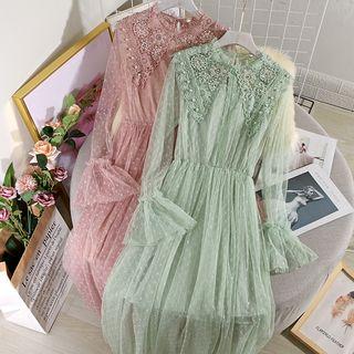 Set: Lace Collar Long-sleeve Midi A-line Dress + Slipdress