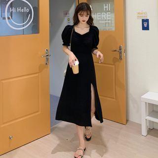 Puff-sleeve Slit A-line Dress