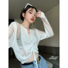 Long-sleeve Distressed Drawstring Knit Top White - One Size