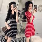 Elbow-sleeve Pattern A-line Mini Knit Dress