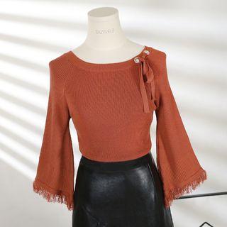 Fringe Trim 3/4-sleeve Knit Top