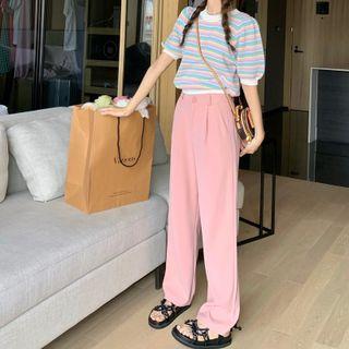 Striped Knit Top / High Waist Loose Fit Pants