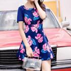 Short-sleeve Floral Print Swim Dress