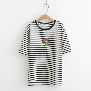 Short-sleeve Cartoon Embroidery Stripe T-shirt