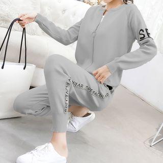 Set: Lettering Zip Cardigan + Lettering Knit Harem Pants