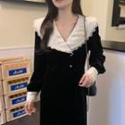 Long-sleeve Wide-collar Lace Trim Midi A-line Dress Black - One Size