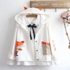Set: Ribbon-accent Shirt + Fox Embroidery Hooded Buttoned Jacket