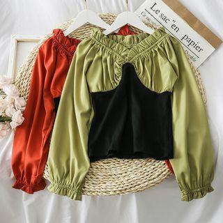 Patchwork Boatneck Ruffled-trim Chiffon Blouse
