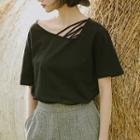 Asymmetric Neckline Strappy Short Sleeve T-shirt Black - One Size