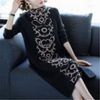 Pattern Long-sleeve Knit Midi Dress
