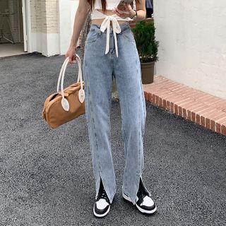 Slit Hem Wide Leg Washed Jeans