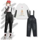 Mock Two-piece Long-sleeve Cat Print T-shirt / Washed Denim Dungaree