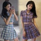 Plaid Short-sleeve Cropped Shirt / Pleaded Mini A-line Skirt