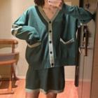 Set: V-neck Contrast Trim Cardigan + A-line Knit Skirt