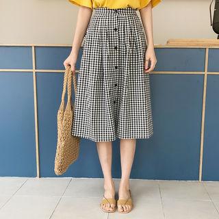 Button-front Gingham Midi Skirt Black - One Size
