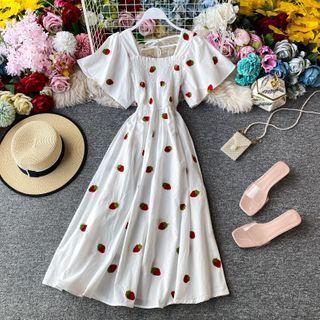 Fruit Embroidered Square-neck Short-sleeve Dress