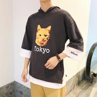 Mock Two-piece Printed 3/4-sleeve Hoodie