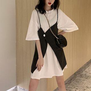 Set: Elbow-sleeve T-shirt Dress + Pinstriped Pinafore Dress