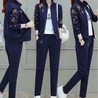 Set: Short-sleeve Print T-shirt + Embroidered Zip Jacket + Sweatpants