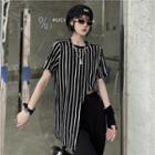 Striped Asymmetrical Hem T-shirt With Chain Necklace Black & Chain - One Size