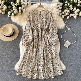 Round-neck Floral Puff-sleeve Chiffon Dress