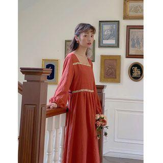 Long-sleeve Striped Square-neck Maxi Dress