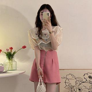 Puff-sleeve Floral Embroidered Blouse / Shorts