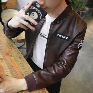 Letter Embroidered Faux Leather Jacket