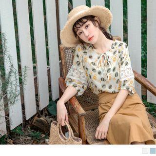Leaf Print Lace Panel Tie-neck Chiffon Top