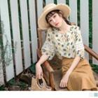 Leaf Print Lace Panel Tie-neck Chiffon Top