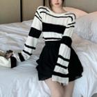 Bell-sleeve Striped Light Knit Top / High-waist Mini Skirt