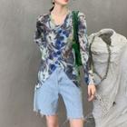 Asymmetrical Long-sleeve Tie-dyed T-shirt Green - One Size